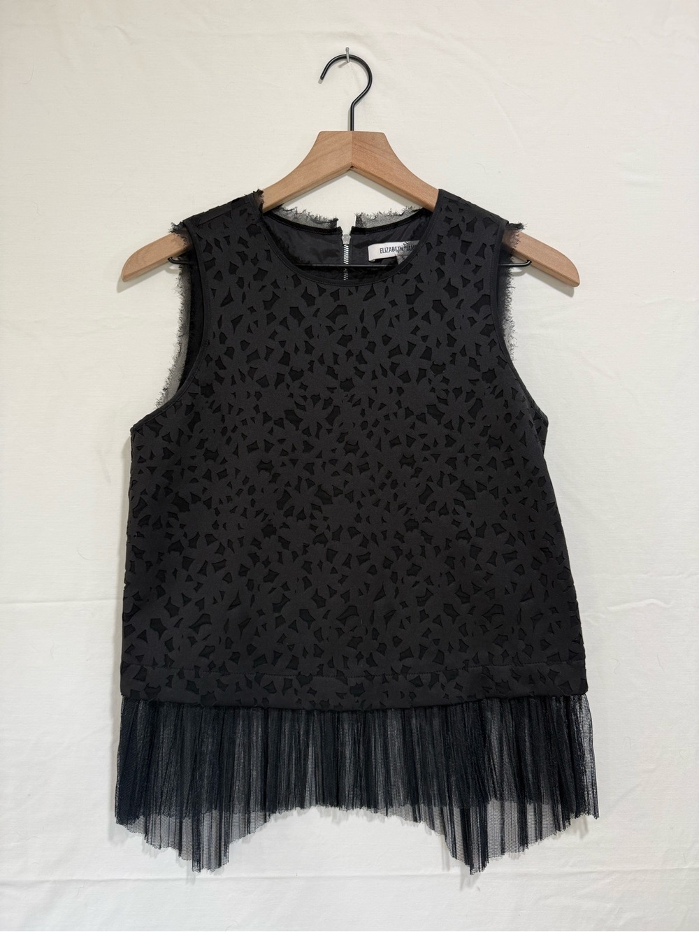 Elizabeth and James Black Laser Cut Silk Pleated Hem Top Size S